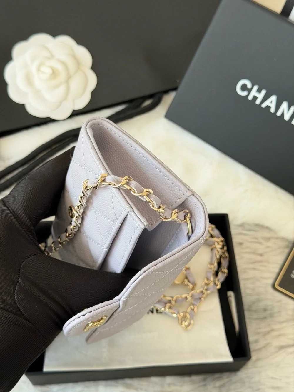 CHANEL Quilted Lambskin Mini Crossbody Wallet in Pale Lavender